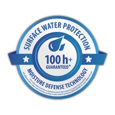 Certifikát NALFA odolnosti voči striekajúcej vode do 24 hodín a viac ako 100 hodín podľa štandardov KRONOSPAN WN-101.