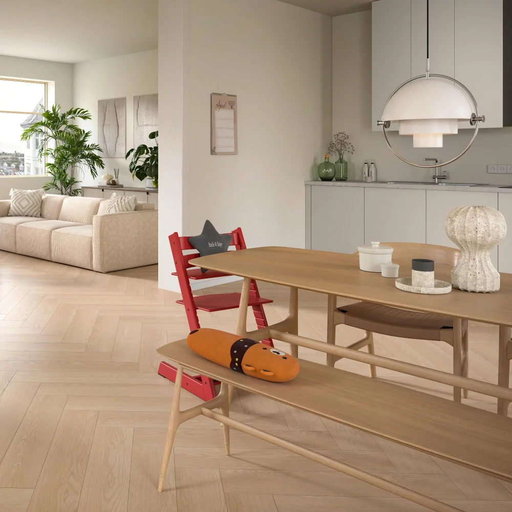 Laminátová podlaha Egger NatureSense Herringbone Dub Baronia pieskový SOL2133 v kuchyni