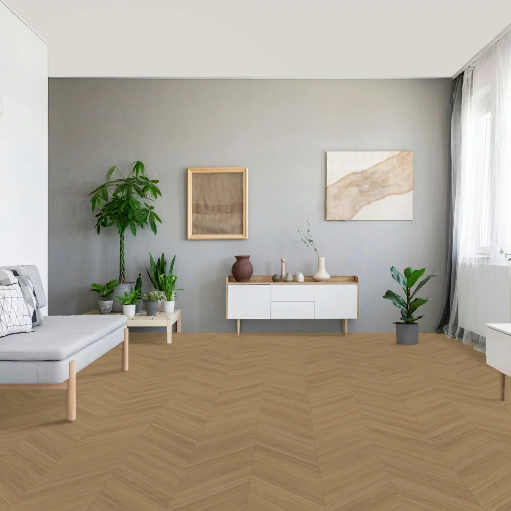 Vinylová podlaha Parador Trendtime 10 Chevron Dub Oxford prírodný 1750868 v izbe s kvetmi