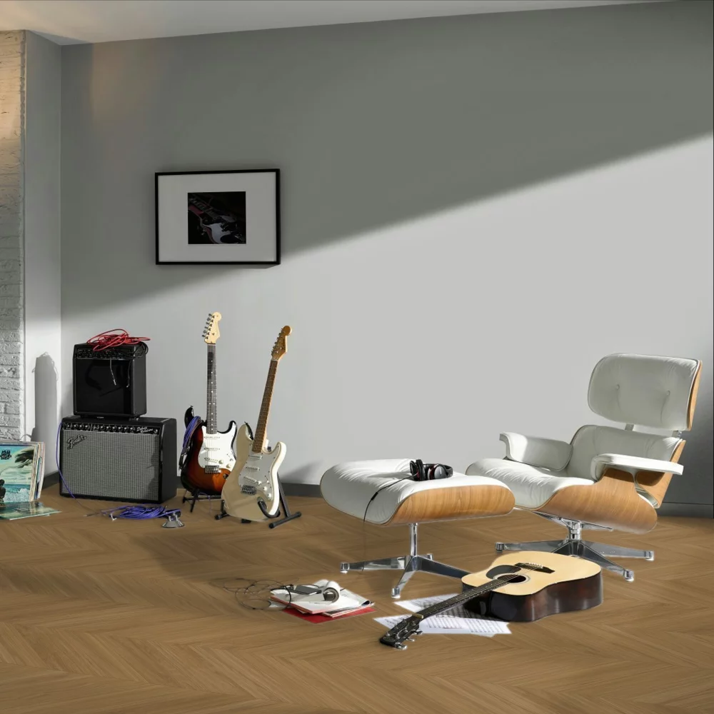 Vinylová podlaha Parador Trendtime 10 Chevron Dub Oxford karamelovo hnedý 1750867 v interiéri s gitarami