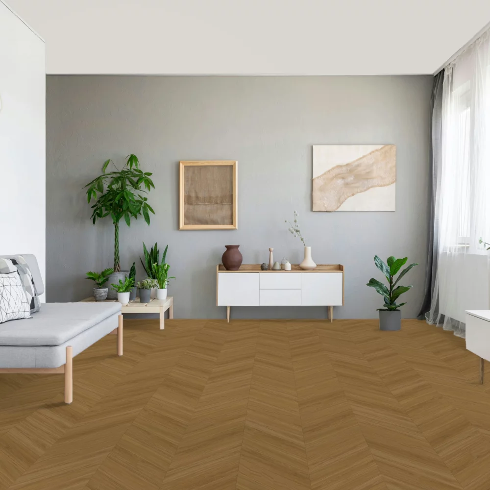 Vinylová podlaha Parador Trendtime 10 Chevron Dub Oxford karamelovo hnedý 1750867 v izbe s kvetmi