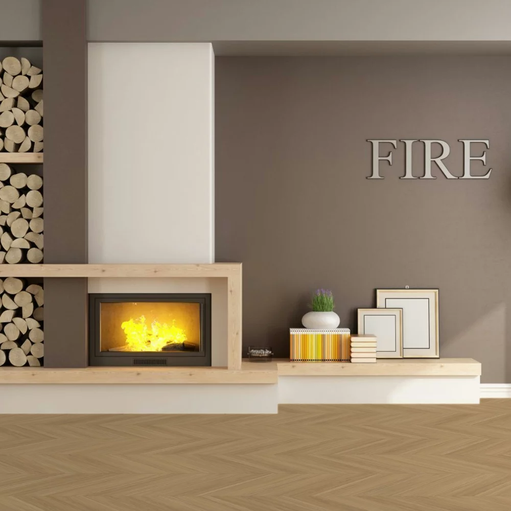 Vinylová podlaha Parador Trendtime 10 Chevron Dub Oxford prírodný 1750868 v obývačke s krbom