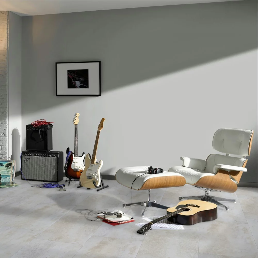 Parador Trendtime 5 Dolomit White 1750856 vinyl flooring in an interior featuring guitars