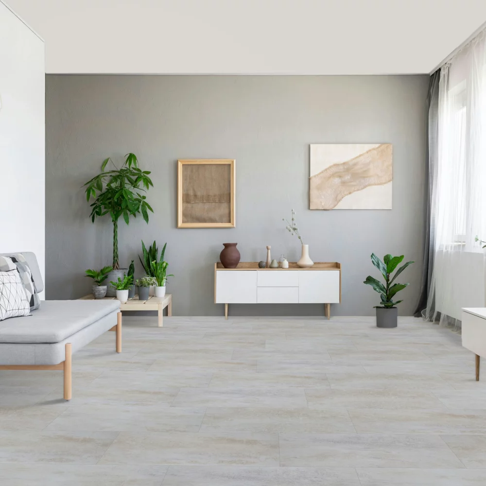 Parador Trendtime 5 Dolomit white 1750856 vinyl flooring in a room with flowers