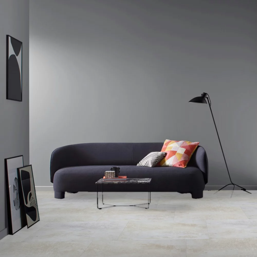 Parador Trendtime 5 Dolomit white 1750856 vinyl flooring in a room with a sofa