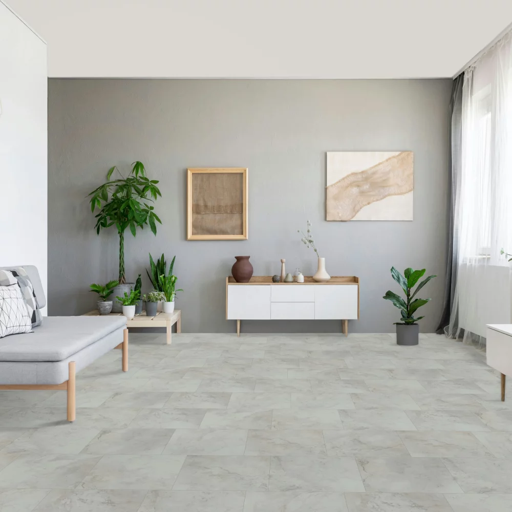 Vinylová podlaha Parador Trendtime 5 Mramor Abbey biely 1750862 v izbe s kvetmi