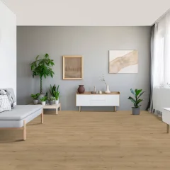 Kompozitná podlaha Parador Taterra Dub Terrena pieskovo béžový 1751620 v izbe s kvetmi