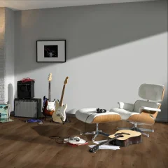 Parador Taterra Dub Nostalgia kompozit padló, kókuszbarna 1751628, gitárokkal díszített belső térben