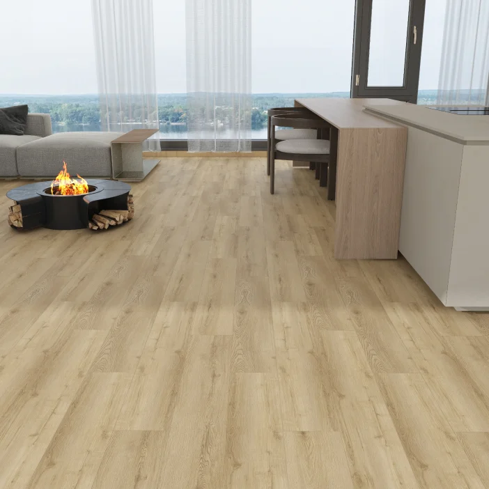 Kompozitná podlaha SolidStep ADVANCE Pure Dub Caldera ST1103 v obývačke s kuchyňou
