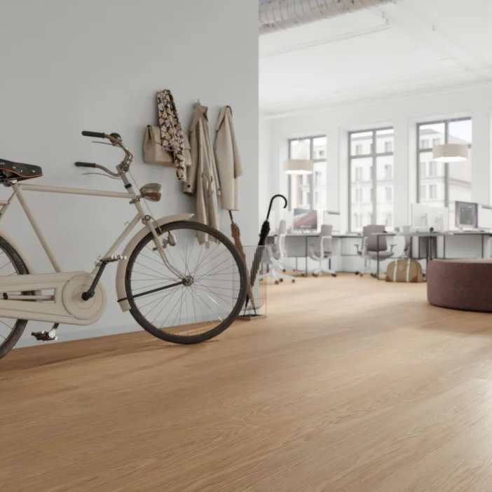 Laminátová podlaha SolidStep Living Aqua Dub Cove ST33 v interiéri s bicyklom